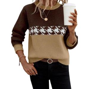 imagechouyatou Womens Vintage Color Block Long Sleeve Pullover Sweater Houndstooth Printed Crewneck Jumper TopsKhaki