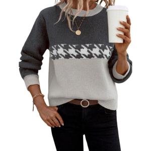 imagechouyatou Womens Vintage Color Block Long Sleeve Pullover Sweater Houndstooth Printed Crewneck Jumper TopsLight Gray