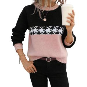 imagechouyatou Womens Vintage Color Block Long Sleeve Pullover Sweater Houndstooth Printed Crewneck Jumper TopsPink