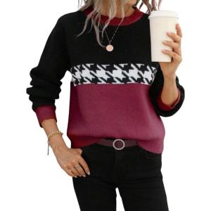 imagechouyatou Womens Vintage Color Block Long Sleeve Pullover Sweater Houndstooth Printed Crewneck Jumper TopsRose Red