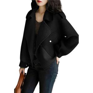 imagechouyatou Womens Fall Casual Cropped Wool Coat Open Front Loose Dressy Blazer Jacket Short Trench CoatBlack