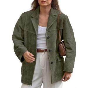 imagechouyatou Womens Faux Suede Blazer Jacket Notched Lapel Single Breasted Faux Suede Leather Suit JacketArmy Green