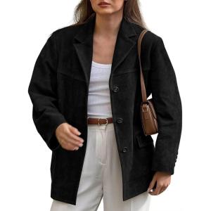 imagechouyatou Womens Faux Suede Blazer Jacket Notched Lapel Single Breasted Faux Suede Leather Suit JacketBlack