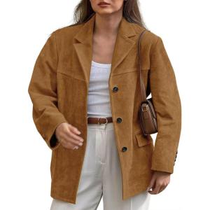 imagechouyatou Womens Faux Suede Blazer Jacket Notched Lapel Single Breasted Faux Suede Leather Suit JacketTan