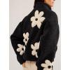 imagechouyatou Womens Fuzzy Fleece Cute Floral Jacket Zip Up Winter Oversized Faux Fur Coat Sherpa JacketBlack