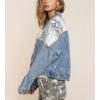 imagechouyatou Womens Leopard Print Spliced Distressed Ripped CorduroyDenim Jacket CoatSnake Blue