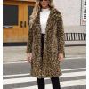imagechouyatou Womens Open Front Leopard Print Faux Fur Long Trench Coat Lapel Collar Furry Jacket CoatGreen