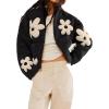 imagechouyatou Womens Fuzzy Fleece Cute Floral Jacket Zip Up Winter Oversized Faux Fur Coat Sherpa JacketBlack