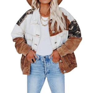 imagechouyatou Womens Contrast Camouflage Corduroy Loose Oversized Batwing Sleeve Ripped Casual Trucker JacketWhite