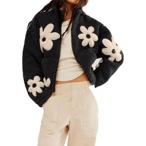 imagechouyatou Womens Fuzzy Fleece Cute Floral Jacket Zip Up Winter Oversized Faux Fur Coat Sherpa JacketBlack