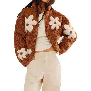imagechouyatou Womens Fuzzy Fleece Cute Floral Jacket Zip Up Winter Oversized Faux Fur Coat Sherpa JacketBrown