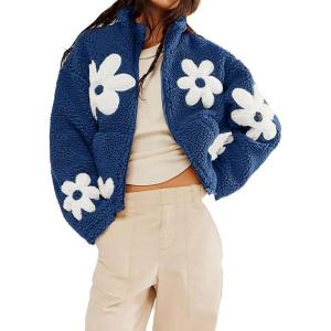 imagechouyatou Womens Fuzzy Fleece Cute Floral Jacket Zip Up Winter Oversized Faux Fur Coat Sherpa JacketPeacock Blue