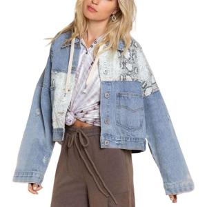 imagechouyatou Womens Leopard Print Spliced Distressed Ripped CorduroyDenim Jacket CoatSnake Blue