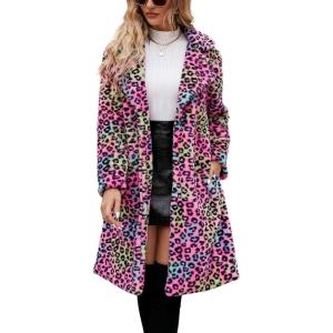 imagechouyatou Womens Open Front Leopard Print Faux Fur Long Trench Coat Lapel Collar Furry Jacket CoatColorful