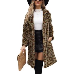 imagechouyatou Womens Open Front Leopard Print Faux Fur Long Trench Coat Lapel Collar Furry Jacket CoatGreen