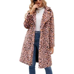 imagechouyatou Womens Open Front Leopard Print Faux Fur Long Trench Coat Lapel Collar Furry Jacket CoatPink