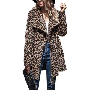imagechouyatou Womens Warm Open Front Faux Fur Lapel Leopard Print Jacket OvercoatLeopard