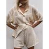 imagechouyatou Womens 2 Piece Lounge Sets Eyelet Knitted Outfits Button Down Shirt Shorts Pajama Sets