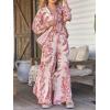 imagechouyatou Womens 2 Piece Outfit Floral Printed Button Down Shirts Wide Leg Palazzo Pants Set