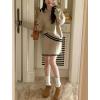imagechouyatou Womens 2 Piece Outfits Long Sleeve Striped Polo Collared Sweater and Pleated Mini Knit Skirt Sets