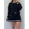 imagechouyatou Womens Cable Knit 2 Piece Outfits Color Block Sweater Elastic Waist Mini Pleated Skirt Two Piece Sets