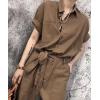 imagechouyatou Womens Collared Short Sleeve High Waist Cargo Jumpsuits Button Down Tie Waist Romper Coverallls
