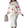 imagechouyatou Women 2 Piece Sweater Skirt Sets Floral Heart Ribbed Knit Sweater Top Bodycon Midi Skirt Outfits