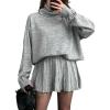 imagechouyatou Womens 2 Piece Sweater Skirt Sets Turtleneck Pullover Tops Mini Pleated Skirt Two Piece Knitted OutfitsLight Grey