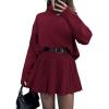 imagechouyatou Womens 2 Piece Sweater Skirt Sets Turtleneck Pullover Tops Mini Pleated Skirt Two Piece Knitted OutfitsWine Red