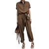 imagechouyatou Womens Collared Short Sleeve High Waist Cargo Jumpsuits Button Down Tie Waist Romper Coverallls