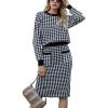 imagechouyatou Womens Houndstooth 2 Piece Sweater Skirt Set Pullover Sweater Midi Pencil Skirt Sets