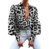 imagechouyatou Womens Sexy Long Puff Sleeve Leopard Print Button Down Shirt Blouse Tops