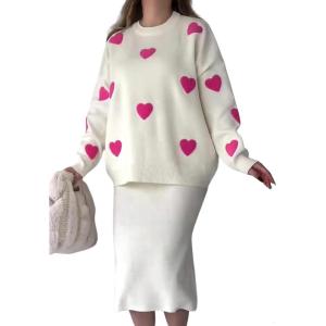 imagechouyatou Women 2 Piece Sweater Skirt Sets Floral Heart Ribbed Knit Sweater Top Bodycon Midi Skirt Outfits