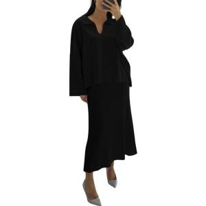 imagechouyatou Womens 2 Piece Knitted Sets Polo Collared Sweater Long Bodycon Skirt Two Piece Sweater Skirt Outfits