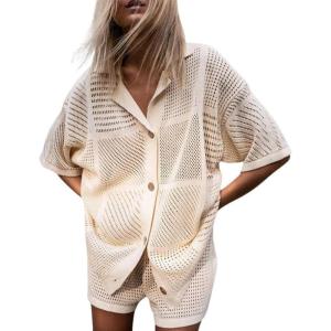 imagechouyatou Womens 2 Piece Lounge Sets Eyelet Knitted Outfits Button Down Shirt Shorts Pajama Sets