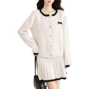 imagechouyatou Womens 2 Piece Outfits Button Down Cardigan Sweater and Elastic Waist Pleated Mini Skirt Sets