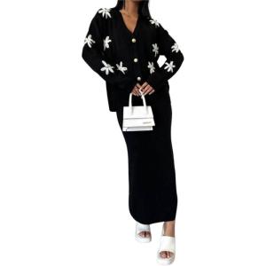 imagechouyatou Womens 2 Piece Outfits Floral Button Down Cardigan Sweater and Package Hip Long Knit Skirt Sets