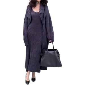 imagechouyatou Womens 2 Piece Outfits Open Front Maxi Cardigan Sweater and Cable Knit Bodycon Long Tank Dress Sets