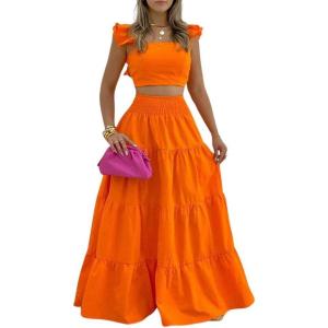 imagechouyatou Womens 2 Piece Outfits Spaghetti Strap Crop Top and Smocked Waist Ruffle Swing Long Skirt Set