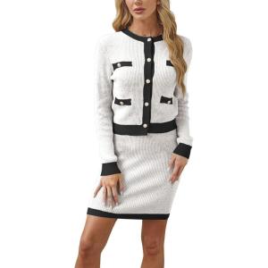 imagechouyatou Womens 2 Piece Sweater Skirt Outfits Ribbed Knit Button Up Cardigan Mini Skirt Two Piece Sets