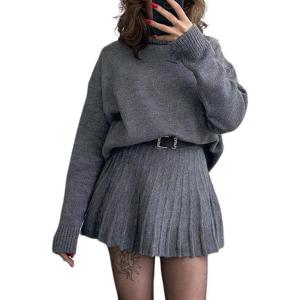 imagechouyatou Womens 2 Piece Sweater Skirt Sets Turtleneck Pullover Tops Mini Pleated Skirt Two Piece Knitted OutfitsDark Grey