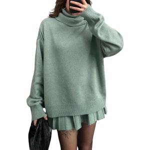 imagechouyatou Womens 2 Piece Sweater Skirt Sets Turtleneck Pullover Tops Mini Pleated Skirt Two Piece Knitted OutfitsGreen