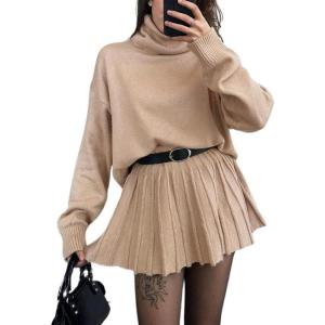 imagechouyatou Womens 2 Piece Sweater Skirt Sets Turtleneck Pullover Tops Mini Pleated Skirt Two Piece Knitted OutfitsKhaki