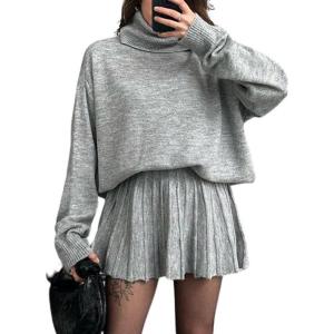 imagechouyatou Womens 2 Piece Sweater Skirt Sets Turtleneck Pullover Tops Mini Pleated Skirt Two Piece Knitted OutfitsLight Grey