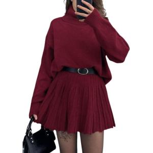 imagechouyatou Womens 2 Piece Sweater Skirt Sets Turtleneck Pullover Tops Mini Pleated Skirt Two Piece Knitted OutfitsWine Red