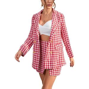 imagechouyatou Womens Business 2 Piece Outfits Houndstooth Tweed Blazer Jacket and Mini Skirt Set