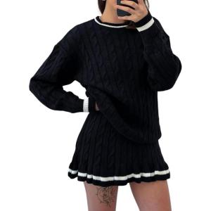 imagechouyatou Womens Cable Knit 2 Piece Outfits Color Block Sweater Elastic Waist Mini Pleated Skirt Two Piece Sets