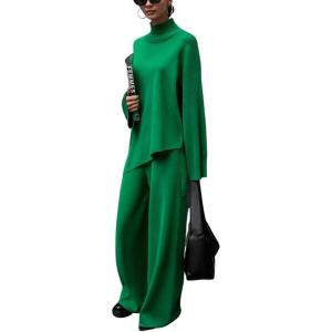 imagechouyatou Womens Casual 2 Piece Outfits Knitted Mock Neck Irregular Sweater Wide Leg Pants Set