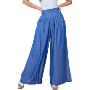 imagechouyatou Womens Smocked High Waisted Wide Leg Pants Jeans Waist Denim Palazzo Pants