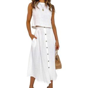 imagechouyatou Womens Summer Casual 2 Piece Outfits Crop Tank Top and Button Down Pocket Midi Skirt Sets